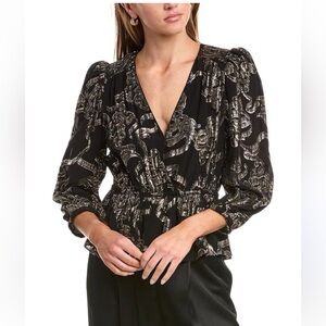 z301. Anthropologie Metallic Smocked Long-Sleeve Shirt Black Metallic Print V-Ne